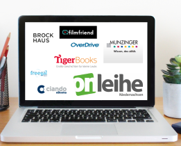 Ein geöffnetes Laptop, auf dessen Monitor Logos der aktuell von allegro-OEB unterstützten Online-Dienste vor weißem Hintergrund gezeigt werden.